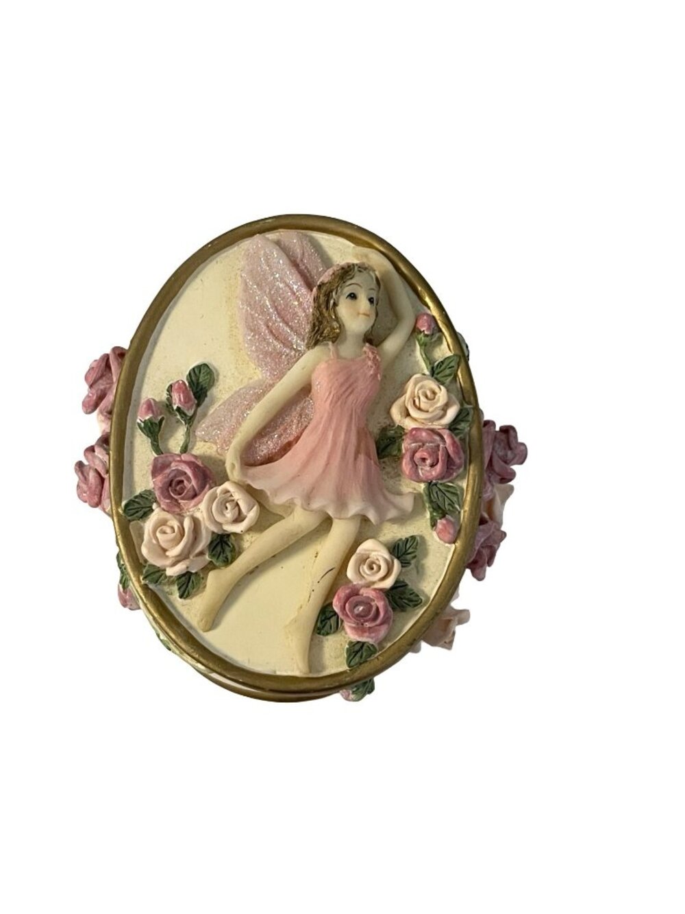 Dezine Fairy Trinket Box Pink Roses Jewelry Box Glitter Lid Vintage 2000 Oval